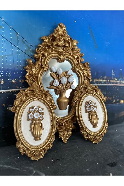 busraconcept Çiçekli duvar tablo 3lü set , ortadaki model aynalı 3lü set