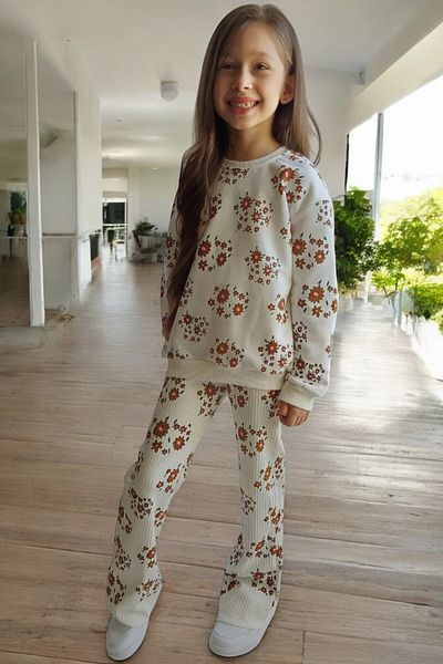 QUB CLUB Girl's Floral Printed Spanish Leg Tracksuit Set