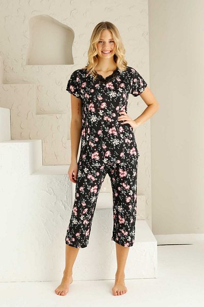 ALİMER Set de pijamale bermude cu mâneci scurte cu decolteu în V pentru femei Black Spring Branch 2735S
