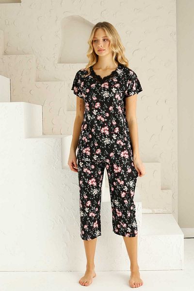 ALİMER Set de pijamale bermude cu mâneci scurte cu decolteu în V pentru femei Black Spring Branch 2735S
