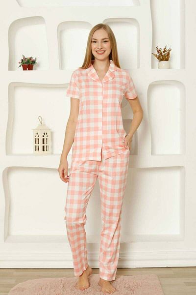 Miss Merveille Women's Plaid Front Button Pajama Set - Pink Short Sleeve Combed Cotton 2793Ky