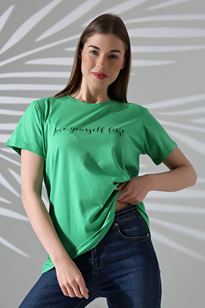 DİVİSTA Γυναικείο κοντομάνικο μπλουζάκι με πράσινη λαιμόκοψη