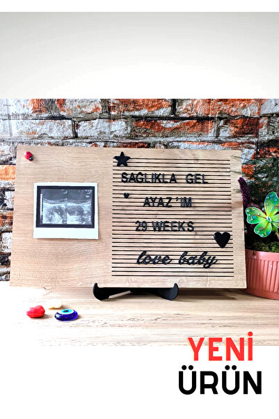 fikirstore Resimlikli Rustik Ahşap Mesaj Panosu Yazı Tahtası Ahşap Stantlı Siyah Harf Setli 40x25cm