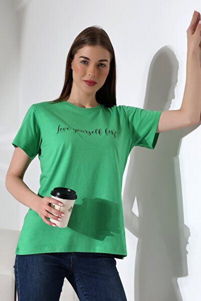 DİVİSTA Γυναικείο κοντομάνικο μπλουζάκι με πράσινη λαιμόκοψη