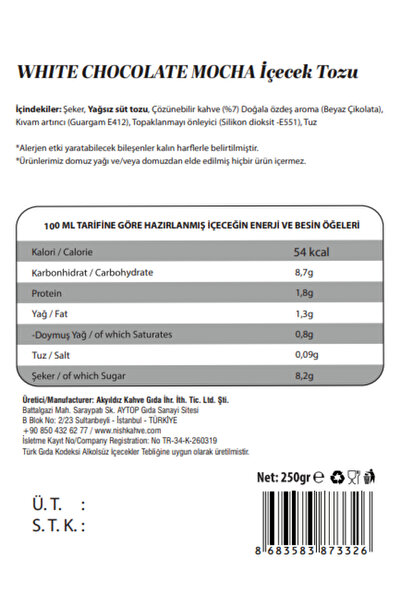 Genel Markalar Nish White Chocolate Mocha 250 Gr
