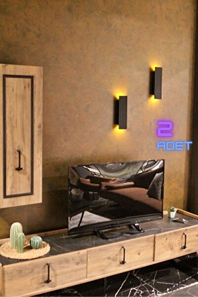 Emriba 2 Adet Pilli Dekoratif Duvar Aydınlatması Aplik Gece Lambası (SİYAH YARI MAT-AMBER)