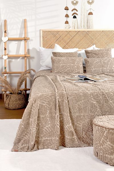 HAMUR Double Nordic Bedspread Set - Bohemian Punch Ponch Pattern, Forest Natural