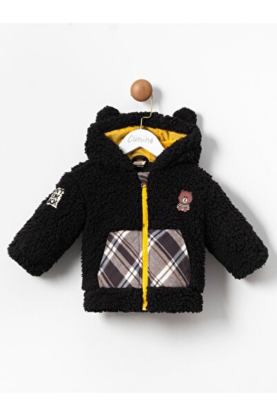 Cumino معطف لوكاس للأولاد بسحاب وغطاء رأس أسود 9-12-18-24 شهرًا