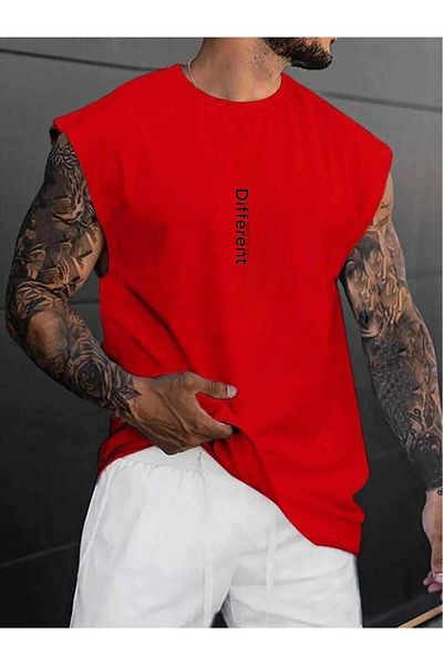 NO 601 Men's Red Sleeveless Vertical Different Print Tshirt