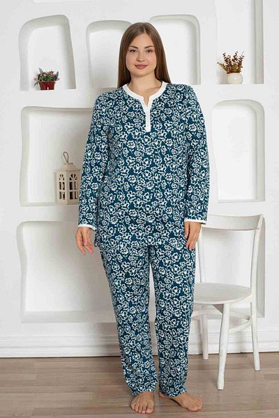 ALİMER Indigo Flower Patterned Large Size Pajama Set 2794Uyb