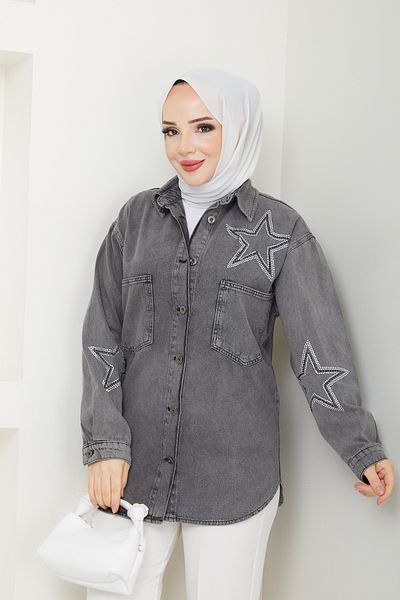 Pamuk Butik Γυναικείο τζιν πουκάμισο με κεντημένο πέτρα Star