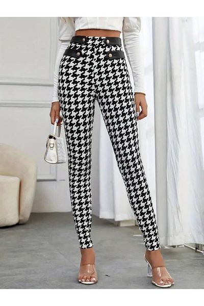Simala Women's High Waist Houndstooth Patterned Side Stripe Button Detailed Diving Pants