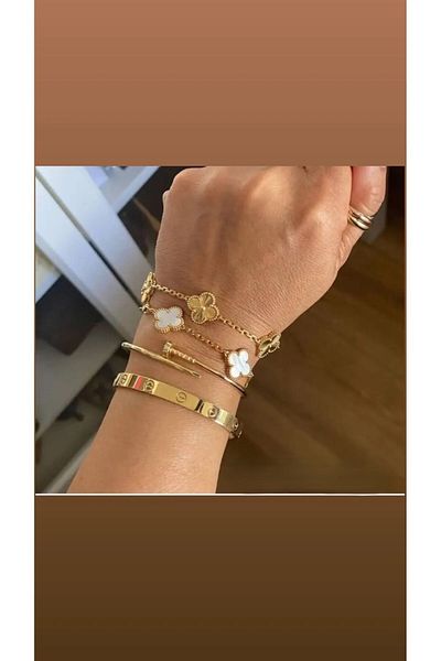 ANGELSS JEWELLERY 4-Piece Combination Gold Bracelet Brand Model Handcuff Bracelet (Set of Four Clover Model