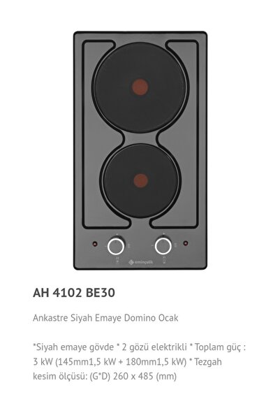 Eminçelik EMİNÇELİK 2 GÖZLÜ EMAYE ELEKTRİKLİ OCAK AH 4102 BE30 SANCAK ALİMER