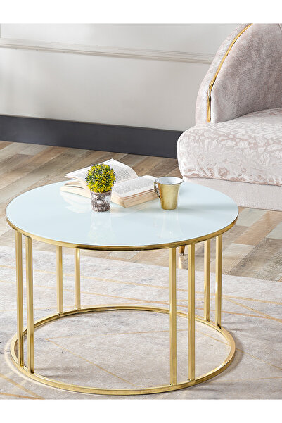 er enirey collection Salon Orta Sehpa Temperli BEYAZ (Kırılmaz) Cam (GOLD) Me...