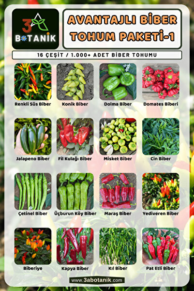 3A BOTANİK Avantajlı Biber Tohum Paketi-1, Toplam 16 Çeşit Biber Tohumu, Takribi 1.000 Adet Biber Tohumu