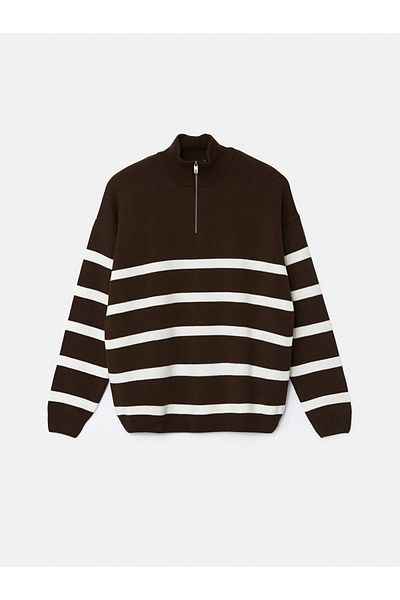 LC Waikiki Xside Brown Stand Collar Long Sleeve Striped Men's Knitwear Sweater