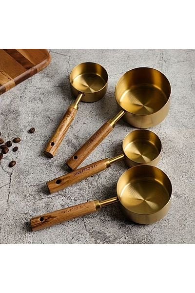 MİS KİTCHEN Set of 8 Wooden Handle Stainless Steel Gold Luxury Measuring Spoons - Spice Spoon Set
