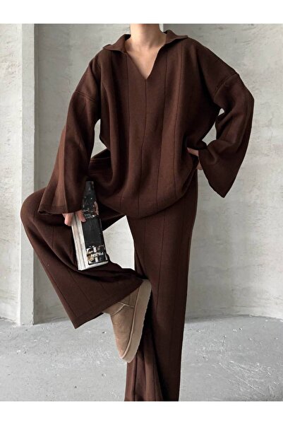 İLKCET MODA V-Neck Knitwear Wide Leg Bottom Top Set