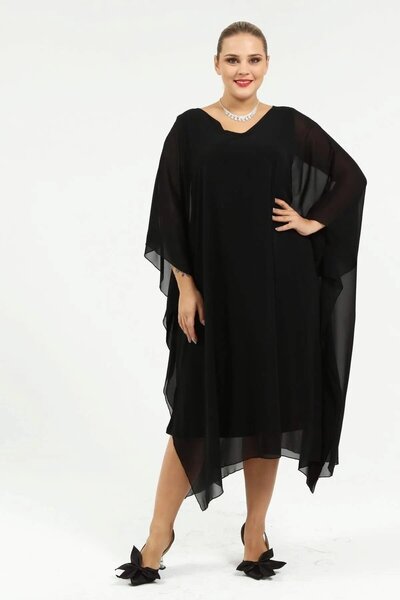 Zer Otantik Plus Size Black Chiffon Evening Dress with Cape Kl8066