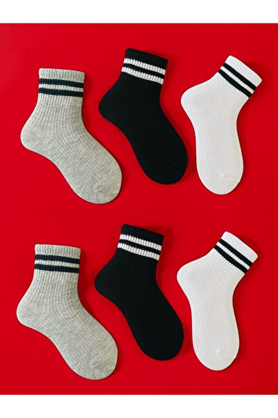 Çorabistaan 6 Çift Siyah Beyaz Gri Unisex Kız Erkek Çocuk Derbili Tenis Çorap...