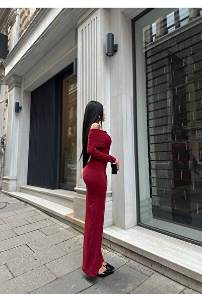 LB Laluna Butik Kadın Bordo Madonna Yaka Uzun Sandy Elbise