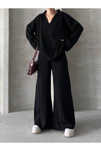 İLKCET MODA طقم ملابس تريكو برقبة على شكل حرف V وأرجل واسعة من الأسفل