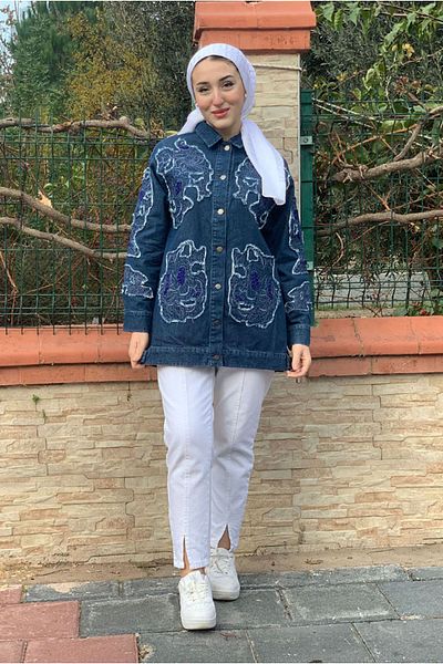 Moda Rosa 25K5328 - Dark Blue - Ethnic Embroidered Denim Jacket