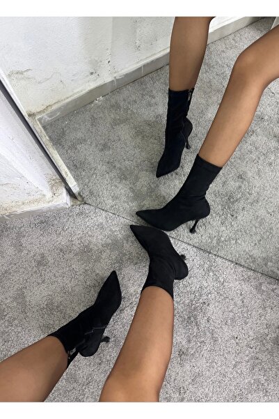 MYVOLANTE Siyah Süet Topuklu Streç Bilekte Bot