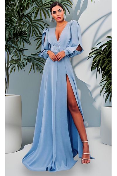 Modaayaz Rochie de seară cu mânecă lungă din țesătură BlueCrep, cu detaliu cu fante