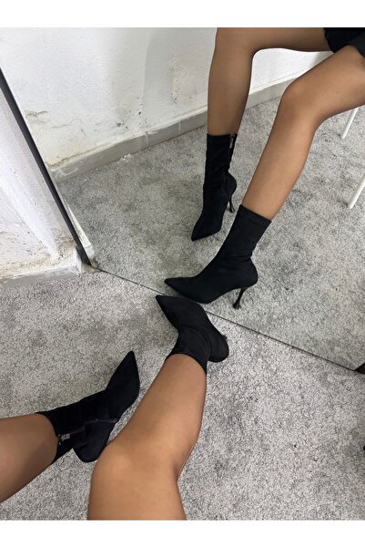 MYVOLANTE Siyah Süet Topuklu Streç Bilekte Bot