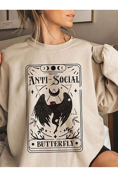 PALPİTO Γυναικείο φούτερ σε μπεζ Anti Social Printed Crew Neck Oversize
