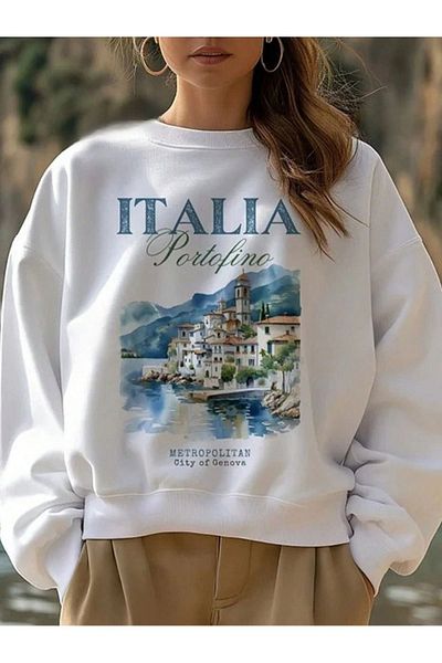 PALPİTO Γυναικείο φούτερ με λευκό ιταλικό Portofino με στάμπα με λαιμόκοψη