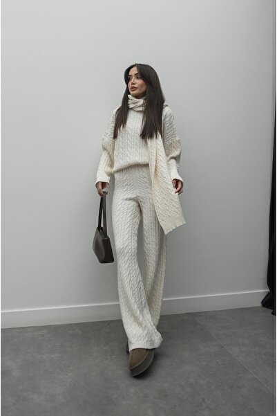 Havoş Ecru Scarf Hair Knit Pants Sweater Set