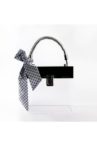 JELOUX Şeffaf Pleksi Füme Tasarım Çanta Saten Keseli 20x10x20 Cm