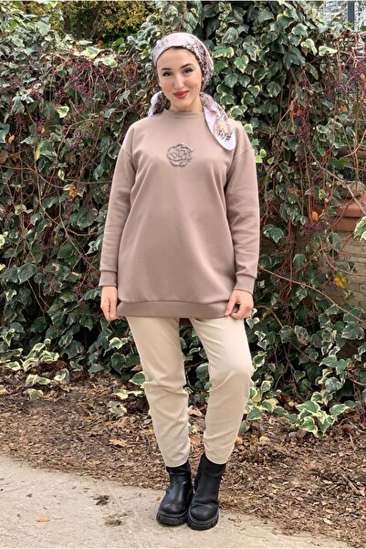 Moda Rosa 25K4445 - Mink - Flower Stone Embroidered Scuba Sweat