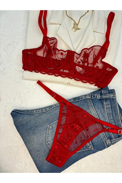 İNKO İÇ GİYİM Floral Underwire Cupless Tulle Bra Set (Bra Thong)