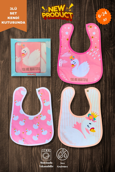 Bebechi Sevimli Kuğu Desenli 3'lü Microfiber Sıvı Geçirmez Mama Önlüğü(Kendi ...
