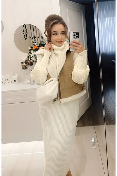 MAXXANA Corded Winter knitwear Set - Thick Turtleneck, Slit Detail and Rubber Waist Skirt