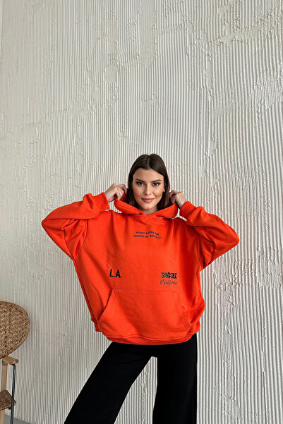 Diviny Oversize Hooded Printed Orange Sweatshirt