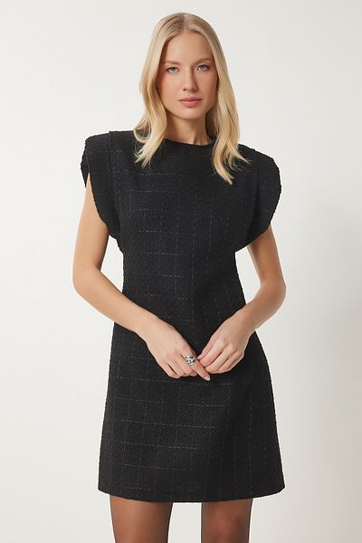 Lovelyİstanbul Padded Mini Tweed Woven Dress Black Lwf0023