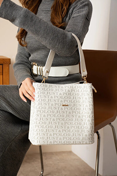 Just Polo JP Women's White Print Patterned Hand and Shoulder Bag