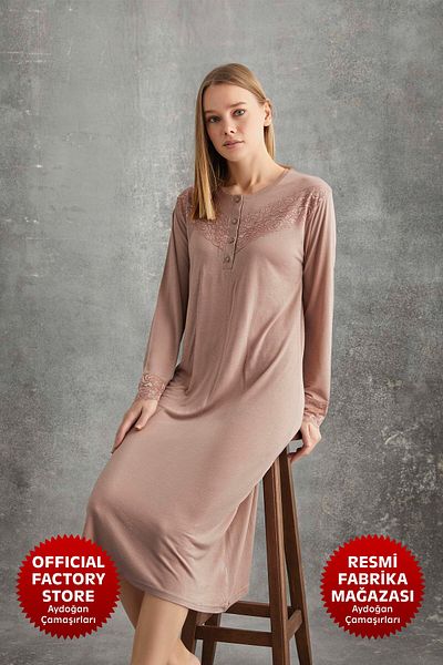 Aydoğan Cămașă de noapte Dusty Rose din dantelă pentru femei, mânecă lungă 95% bumbac B1-3 - 6044 - Aydogan ®