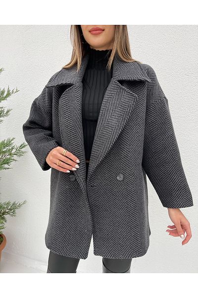 Elif Özbey Butik Antracitově oversize krátká srst s rybí kostí