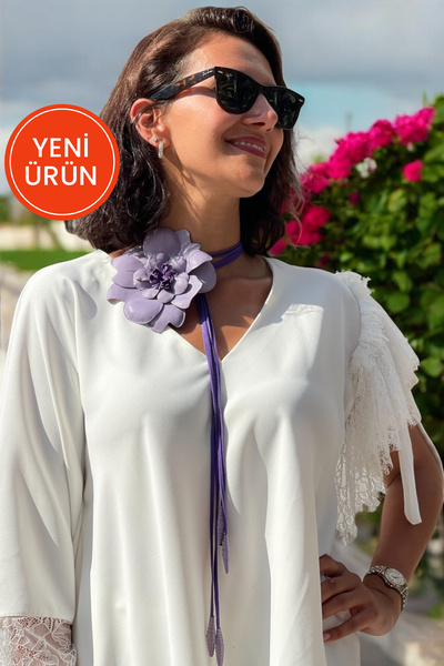 pınarturhan Kadın Lila Mor Hakiki Deri Gül Figürlü El Yapımı Foksiyonel / İşl...