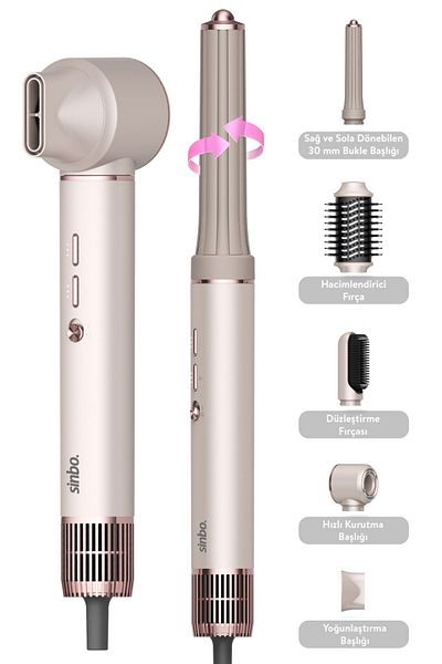 Sinbo Pro Airwrap Compact 5in1 Hair Dryer & Blow Dryer - Shd-1729 Shiny Rose
