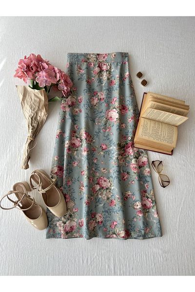 KÜÇÜĞÜM BUTİK Fusta lungă cu model floral turcoaz-roz