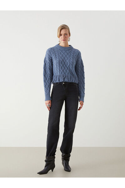 LC Waikiki Mavi Bisiklet Yaka Kendinden Desenli Kadın Triko Kazak