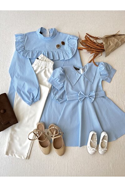 KÜÇÜĞÜM BUTİK Blue Polka Dot Girl's Dress - Tunic and Neckline Poplin (Sone for Sale)