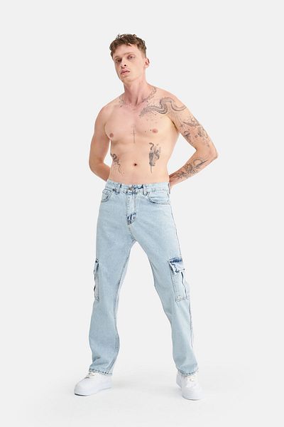 Mesfeno Men's Baggy Loose Cut Denim Trousers with Cargo Pockets